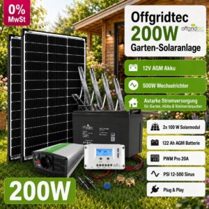 200 Wp Garten-Solaranlage mit 122 Ah AGM-Akku und 500 W Sinuswandler – Offgridtec®