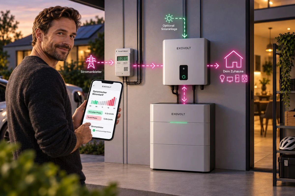 Person mit Smartphone, dynamischem Stromtarif, Smart Meter sowie ESS- und EMS-Energiesystem