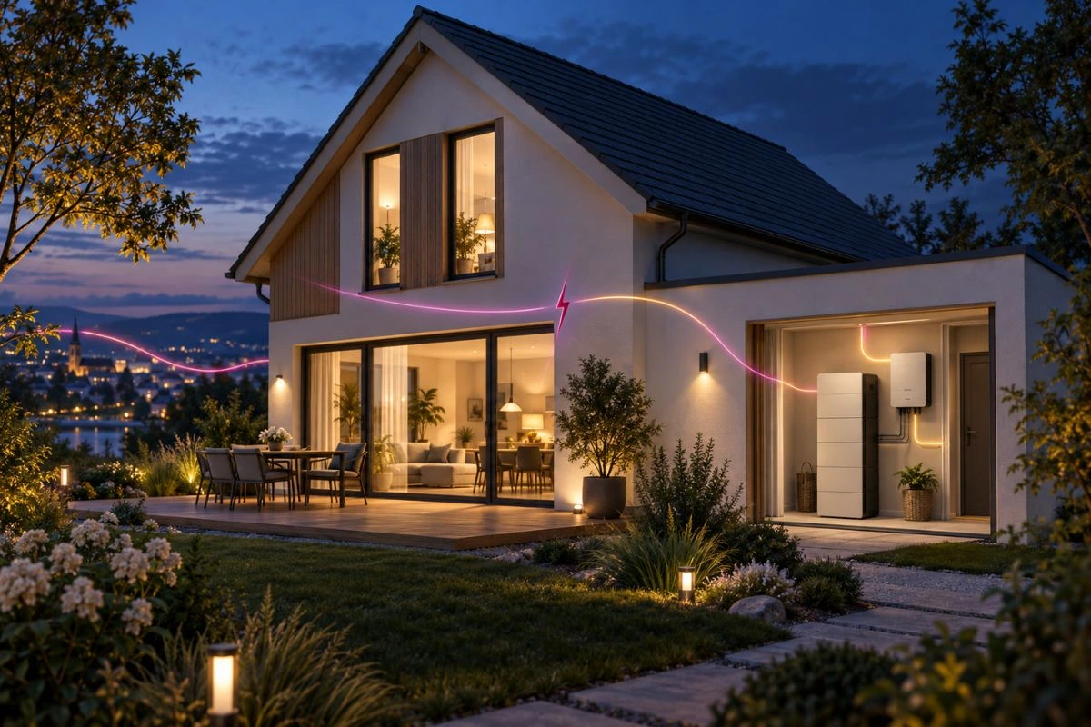 Modernes Wohnhaus bei Abenddämmerung mit Batteriespeicher und Wechselrichter